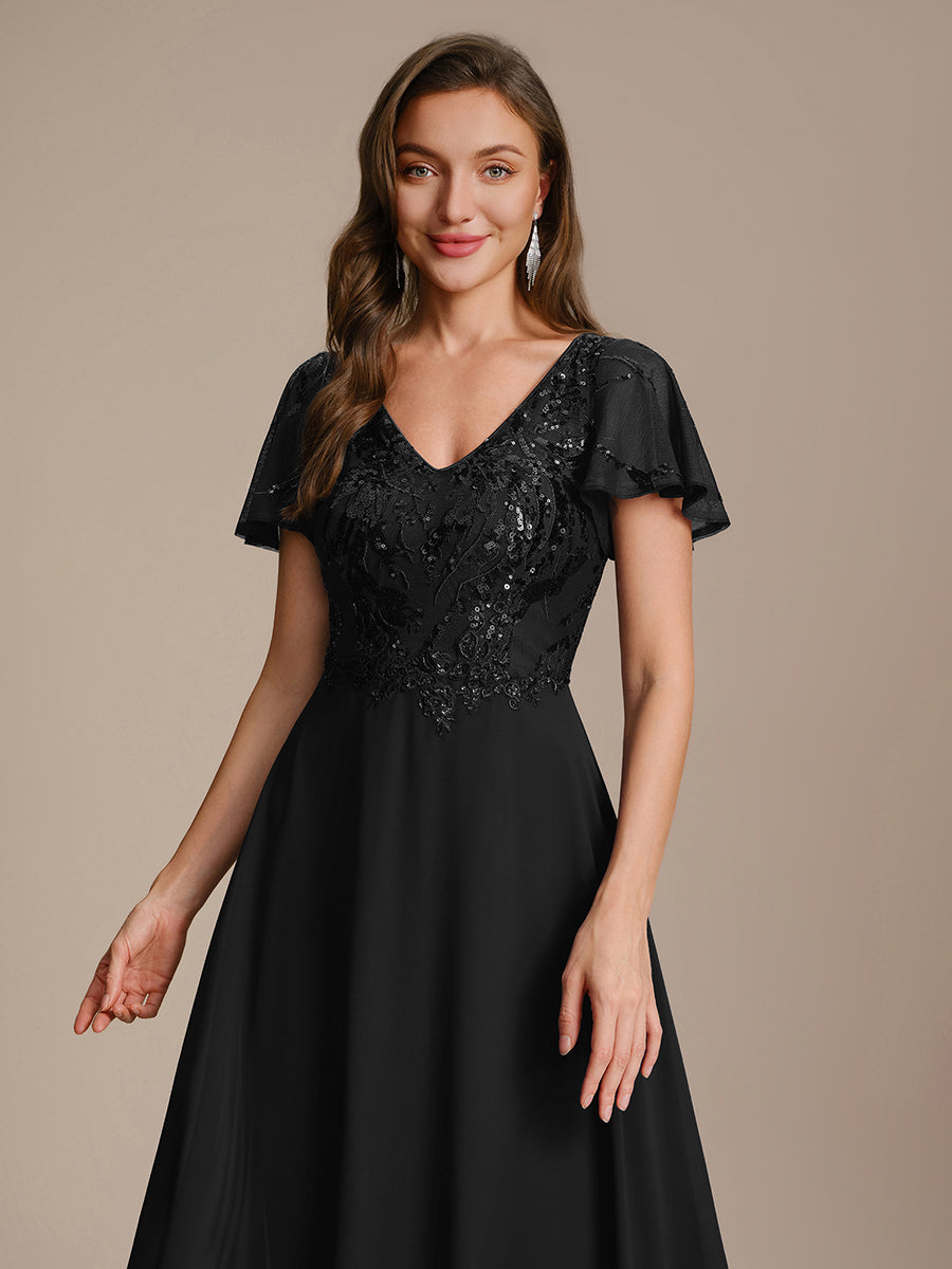 Maxi V-Ausschnitt A-Linie Pailletten Kleid Mit Tiefem V-Ausschnitt Und Applikationen Durchsichtiger Stil Kleid #Farbe_Schwarz