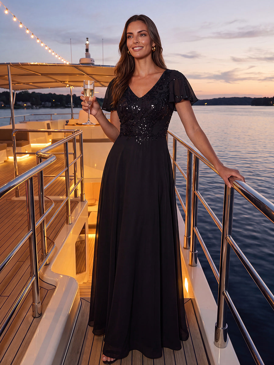 Maxi V-Ausschnitt A-Linie Pailletten Kleid Mit Tiefem V-Ausschnitt Und Applikationen Durchsichtiger Stil Kleid #Farbe_Schwarz