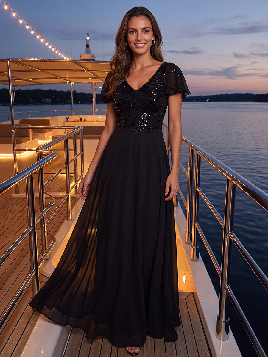 Maxi V-Ausschnitt A-Linie Pailletten Kleid Mit Tiefem V-Ausschnitt Und Applikationen Durchsichtiger Stil Kleid #Farbe_Schwarz
