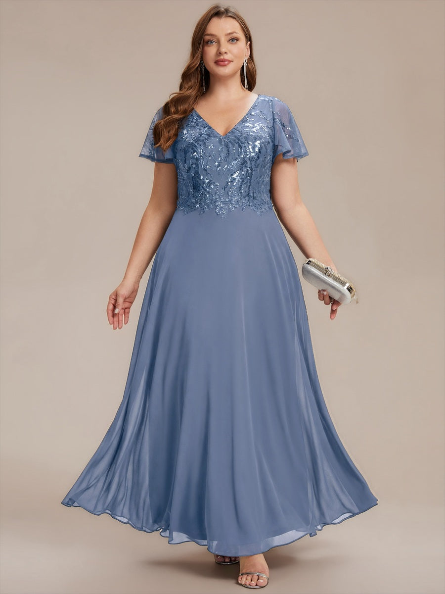 Maxi V-Ausschnitt A-Linie Pailletten Kleid Mit Tiefem V-Ausschnitt Und Applikationen Durchsichtiger Stil Kleid #Farbe_Taubenblau