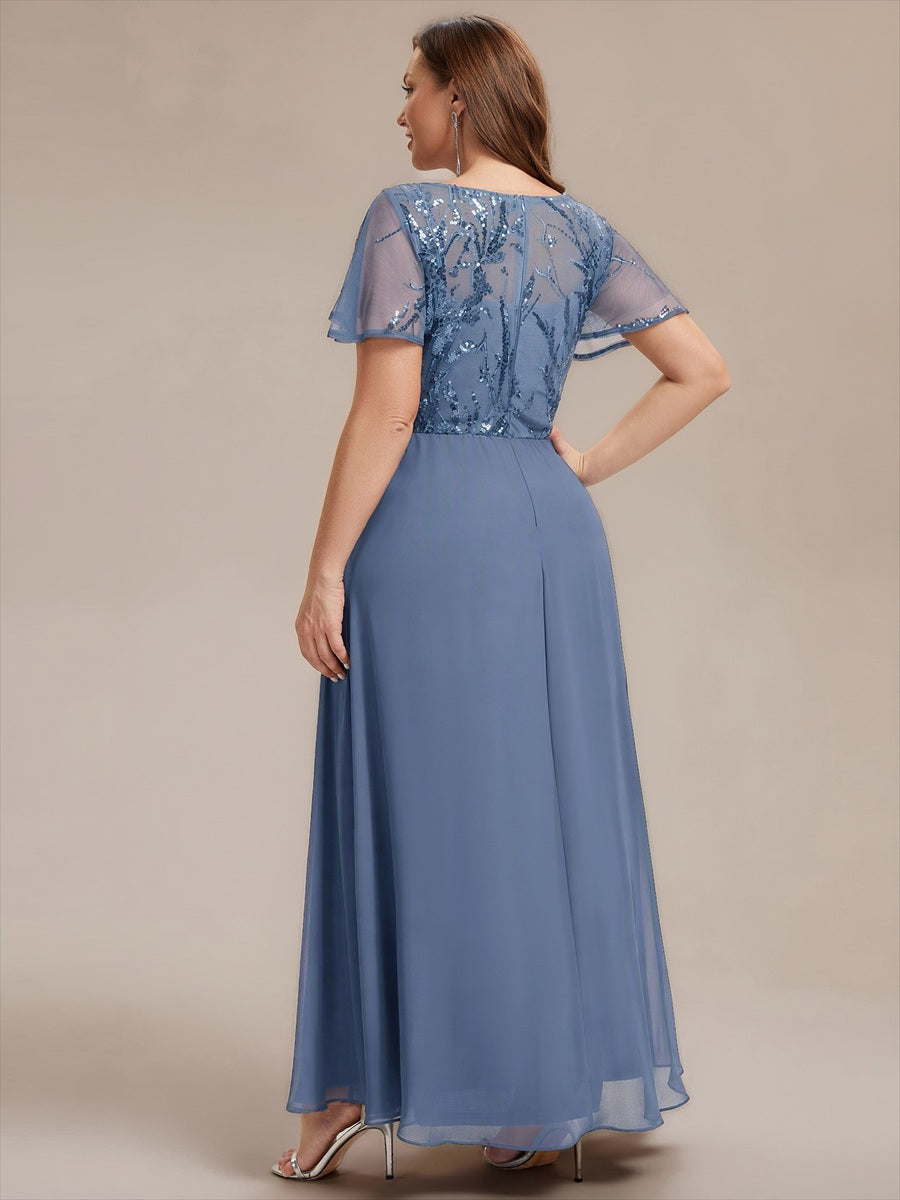 Maxi V-Ausschnitt A-Linie Pailletten Kleid Mit Tiefem V-Ausschnitt Und Applikationen Durchsichtiger Stil Kleid #Farbe_Taubenblau