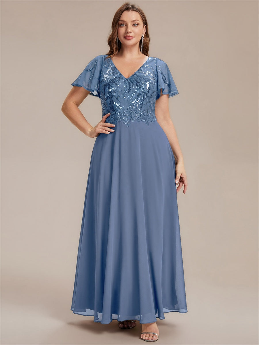 Maxi V-Ausschnitt A-Linie Pailletten Kleid Mit Tiefem V-Ausschnitt Und Applikationen Durchsichtiger Stil Kleid #Farbe_Taubenblau