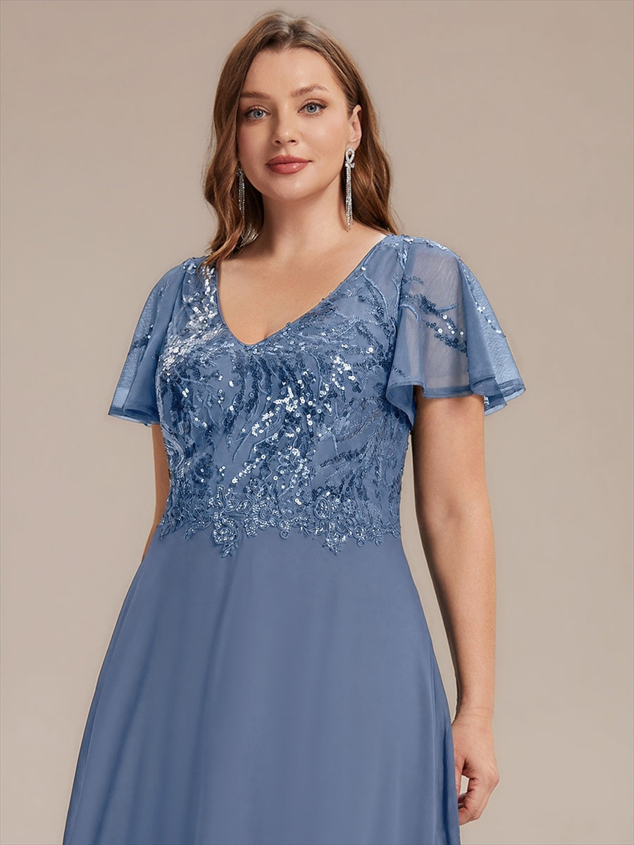 Maxi V-Ausschnitt A-Linie Pailletten Kleid Mit Tiefem V-Ausschnitt Und Applikationen Durchsichtiger Stil Kleid #Farbe_Taubenblau
