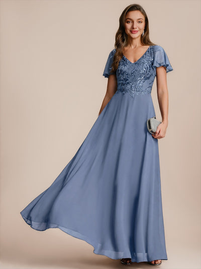 Maxi V-Ausschnitt A-Linie Pailletten Kleid Mit Tiefem V-Ausschnitt Und Applikationen Durchsichtiger Stil Kleid #Farbe_Taubenblau