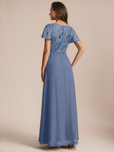 Maxi V-Ausschnitt A-Linie Pailletten Kleid Mit Tiefem V-Ausschnitt Und Applikationen Durchsichtiger Stil Kleid #Farbe_Taubenblau