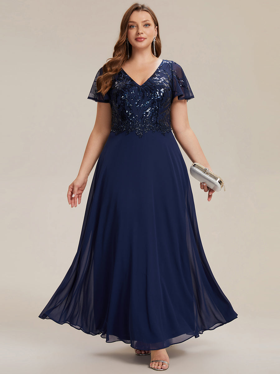 Maxi V-Ausschnitt A-Linie Pailletten Kleid Mit Tiefem V-Ausschnitt Und Applikationen Durchsichtiger Stil Kleid #Farbe_Marineblau