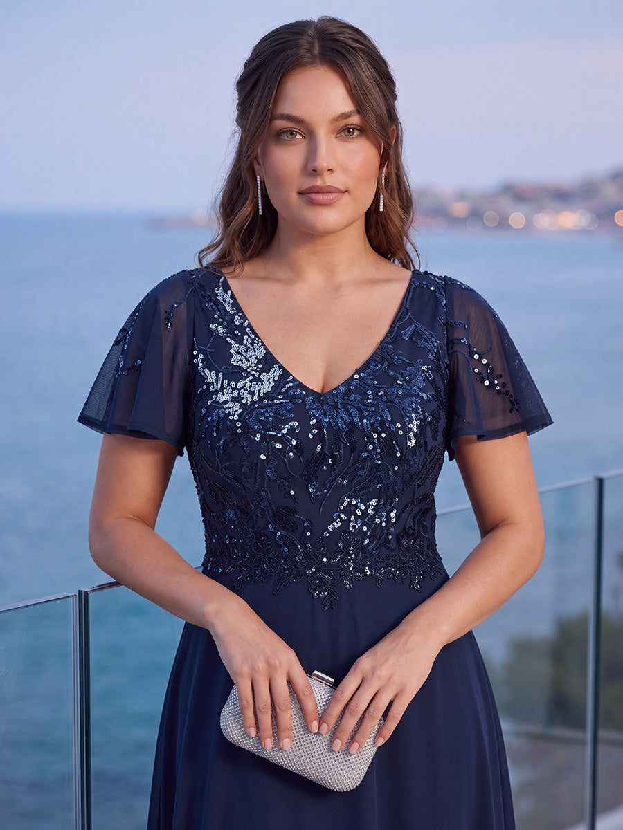 Maxi V-Ausschnitt A-Linie Pailletten Kleid Mit Tiefem V-Ausschnitt Und Applikationen Durchsichtiger Stil Kleid #Farbe_Marineblau