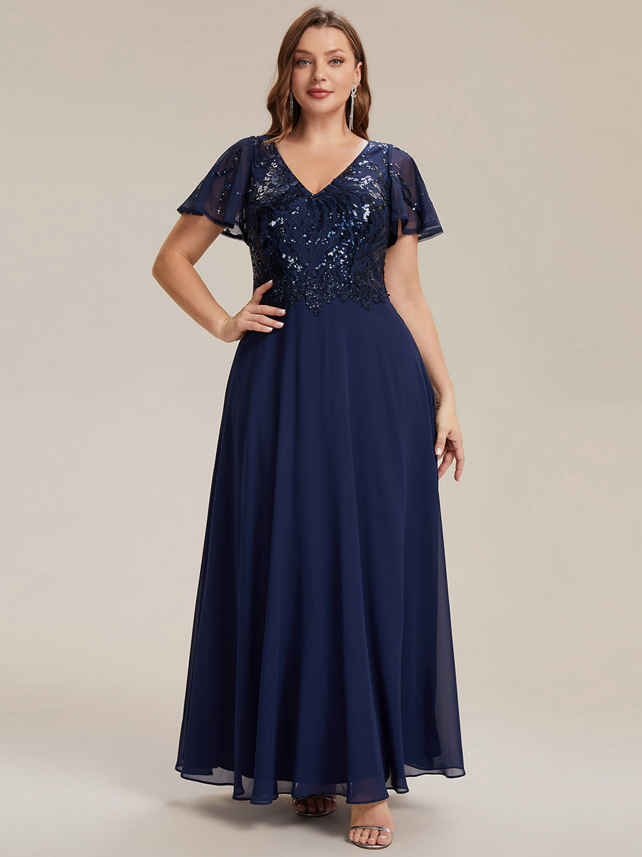 Maxi V-Ausschnitt A-Linie Pailletten Kleid Mit Tiefem V-Ausschnitt Und Applikationen Durchsichtiger Stil Kleid #Farbe_Marineblau