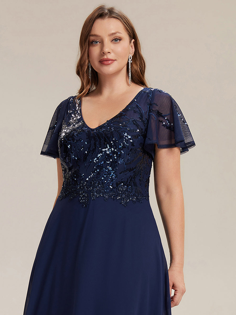 Maxi V-Ausschnitt A-Linie Pailletten Kleid Mit Tiefem V-Ausschnitt Und Applikationen Durchsichtiger Stil Kleid #Farbe_Marineblau