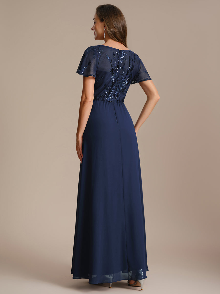 Maxi V-Ausschnitt A-Linie Pailletten Kleid Mit Tiefem V-Ausschnitt Und Applikationen Durchsichtiger Stil Kleid #Farbe_Marineblau