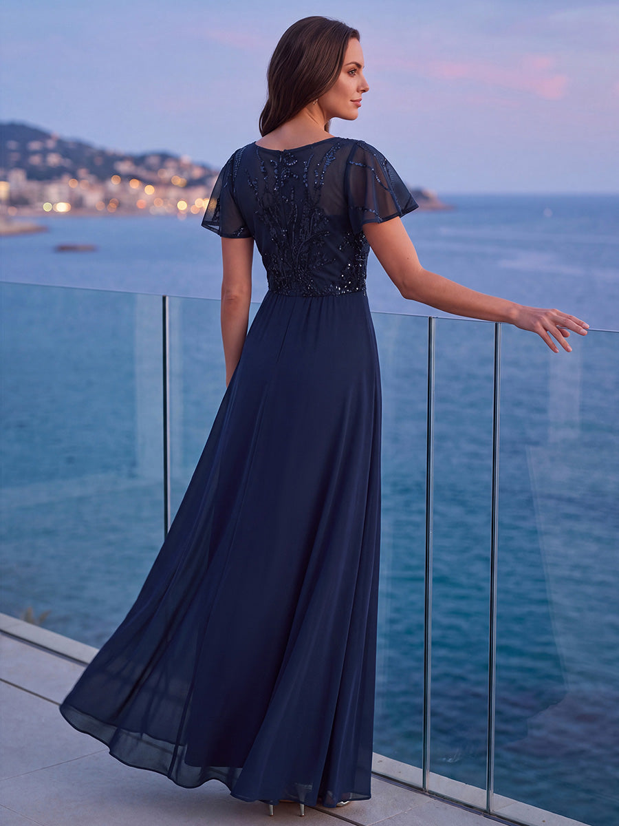 Maxi V-Ausschnitt A-Linie Pailletten Kleid Mit Tiefem V-Ausschnitt Und Applikationen Durchsichtiger Stil Kleid #Farbe_Marineblau