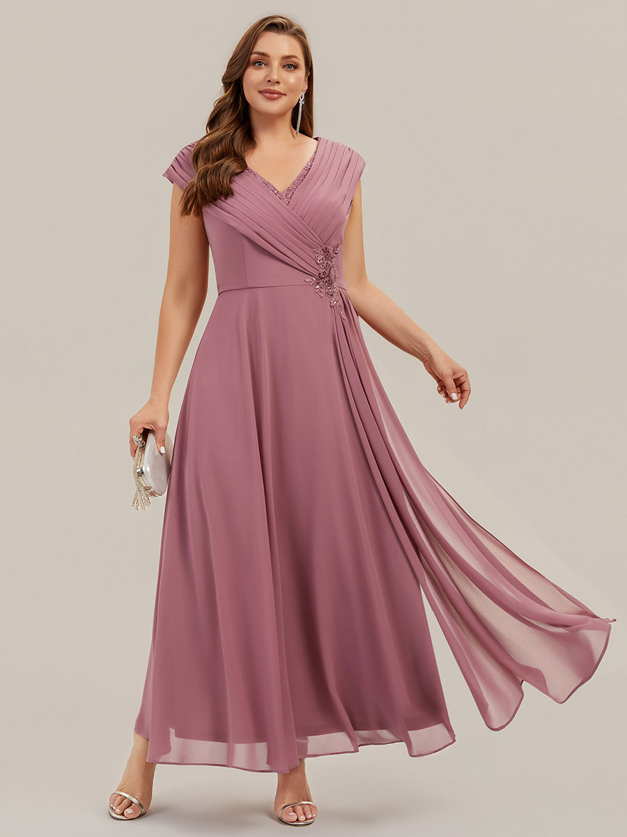 Maxilänge V-Ausschnitt A-Linie Chiffon Kleid Mit Tiefem V-Ausschnitt Applikationen Und Fließenden Bändern #Farbe_Orchideenviolett