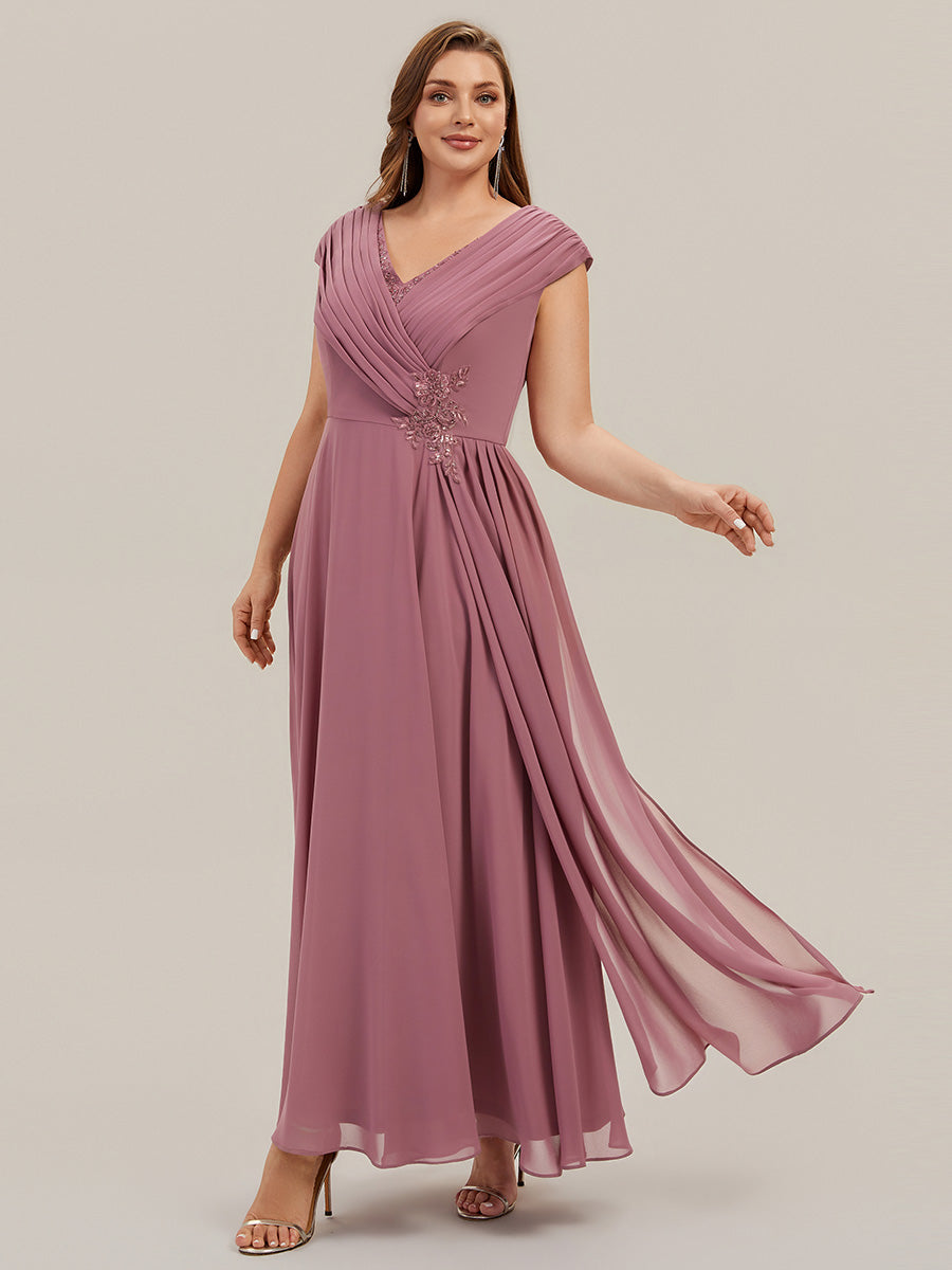 Maxilänge V-Ausschnitt A-Linie Chiffon Kleid Mit Tiefem V-Ausschnitt Applikationen Und Fließenden Bändern #Farbe_Orchideenviolett