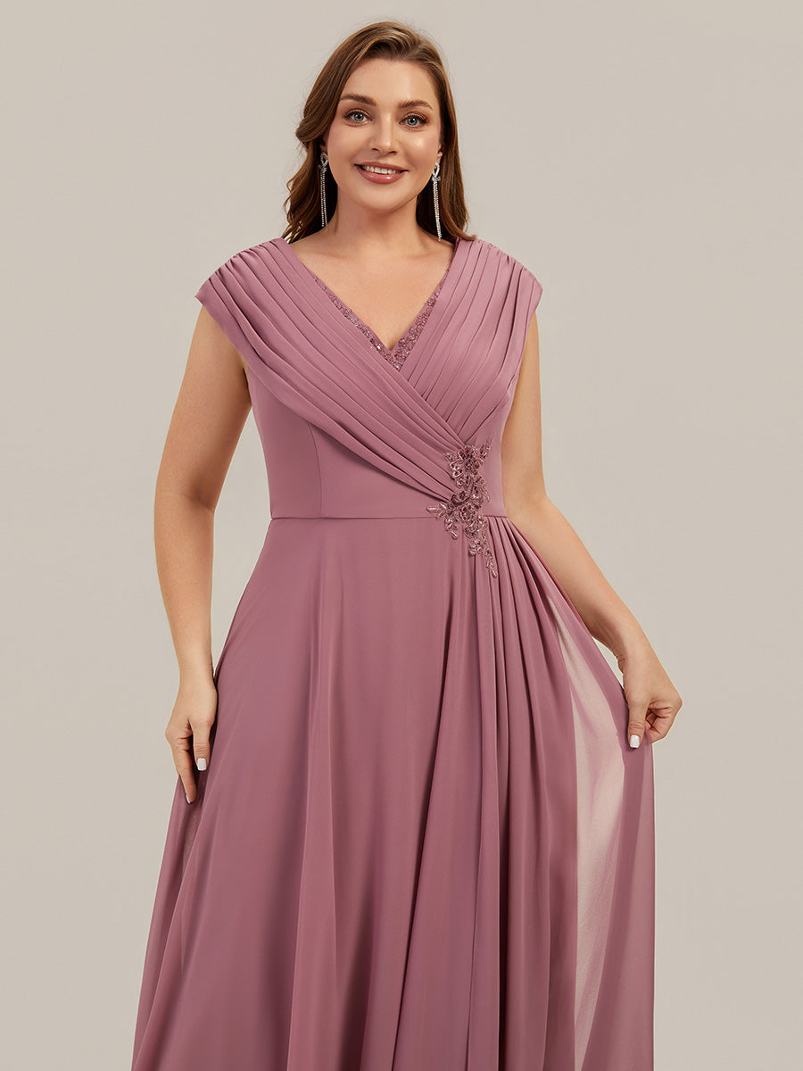 Maxilänge V-Ausschnitt A-Linie Chiffon Kleid Mit Tiefem V-Ausschnitt Applikationen Und Fließenden Bändern #Farbe_Orchideenviolett