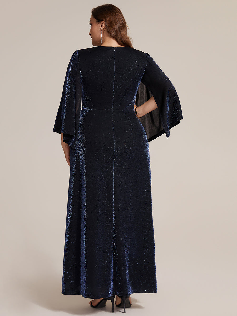 Maxilänge Etui Kleid Überkreuzter Ausschnitt Lurex Netzstoff 3D Drapierung Eleganter Look #Farbe_Marineblau