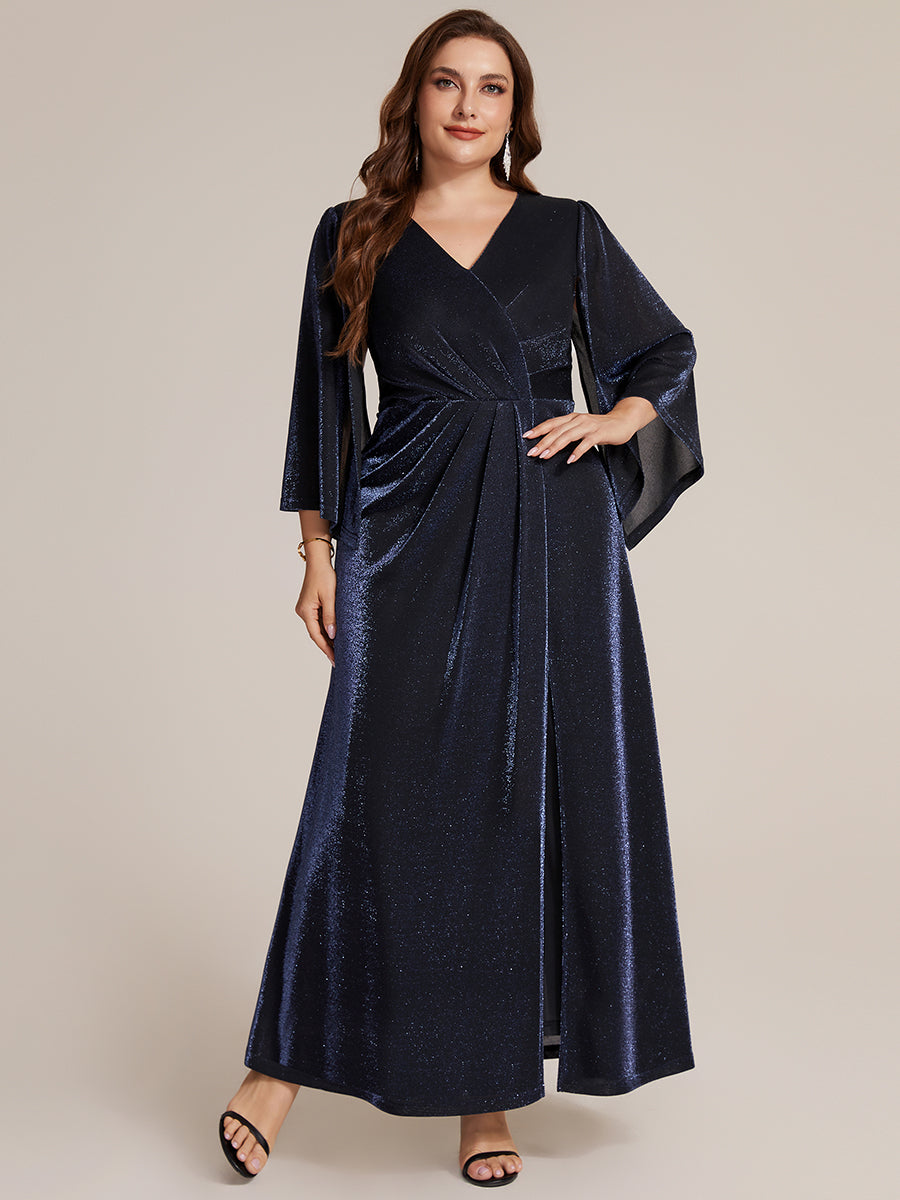 Maxilänge Etui Kleid Überkreuzter Ausschnitt Lurex Netzstoff 3D Drapierung Eleganter Look #Farbe_Marineblau