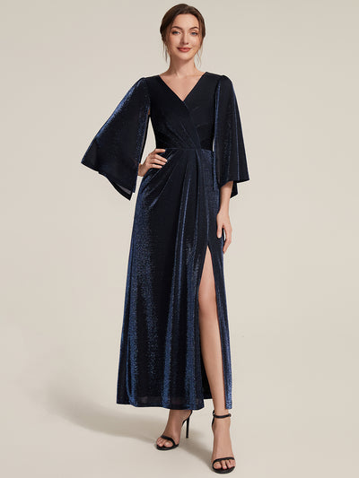 Maxilänge Etui Kleid Überkreuzter Ausschnitt Lurex Netzstoff 3D Drapierung Eleganter Look #Farbe_Marineblau