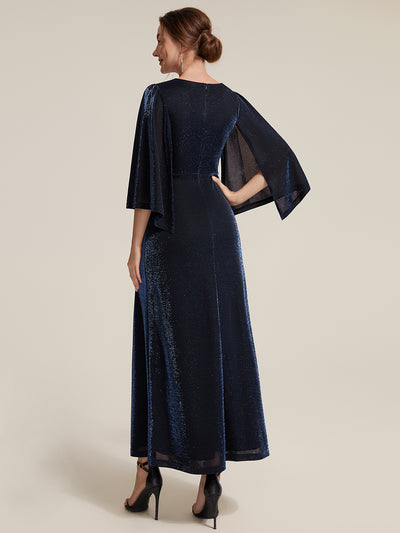 Maxilänge Etui Kleid Überkreuzter Ausschnitt Lurex Netzstoff 3D Drapierung Eleganter Look #Farbe_Marineblau