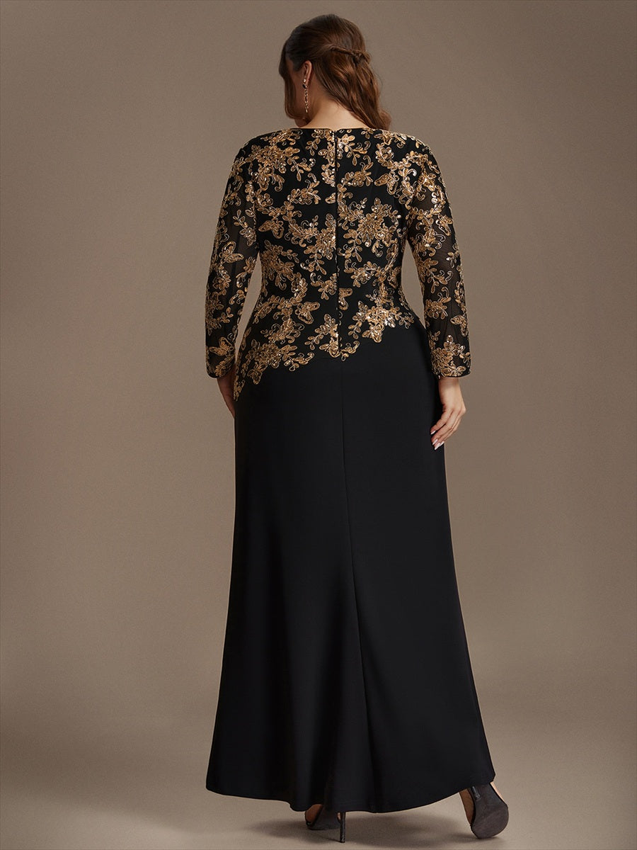 Maxilänge Figurbetontes Kleid Runder Ausschnitt Pailletten Glänzendes Design #Farbe_Schwarz & Gold