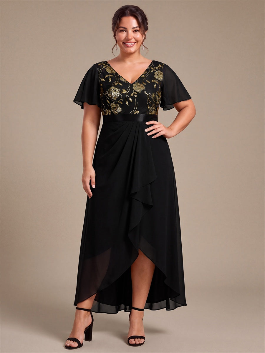Chiffon V-Ausschnitt Asymmetrical Volantärmel brautmutterkleid #Farbe_Schwarz & Gold