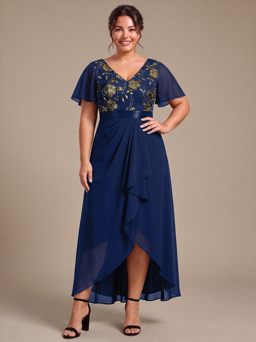 Chiffon V-Ausschnitt Asymmetrical Volantärmel brautmutterkleid #Farbe_Marineblau