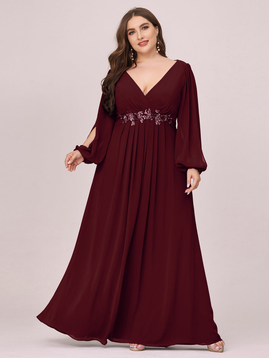 A-Linie Chiffon Lang mit Ärmel Brautmutterkleider #Farbe_Burgunderrot