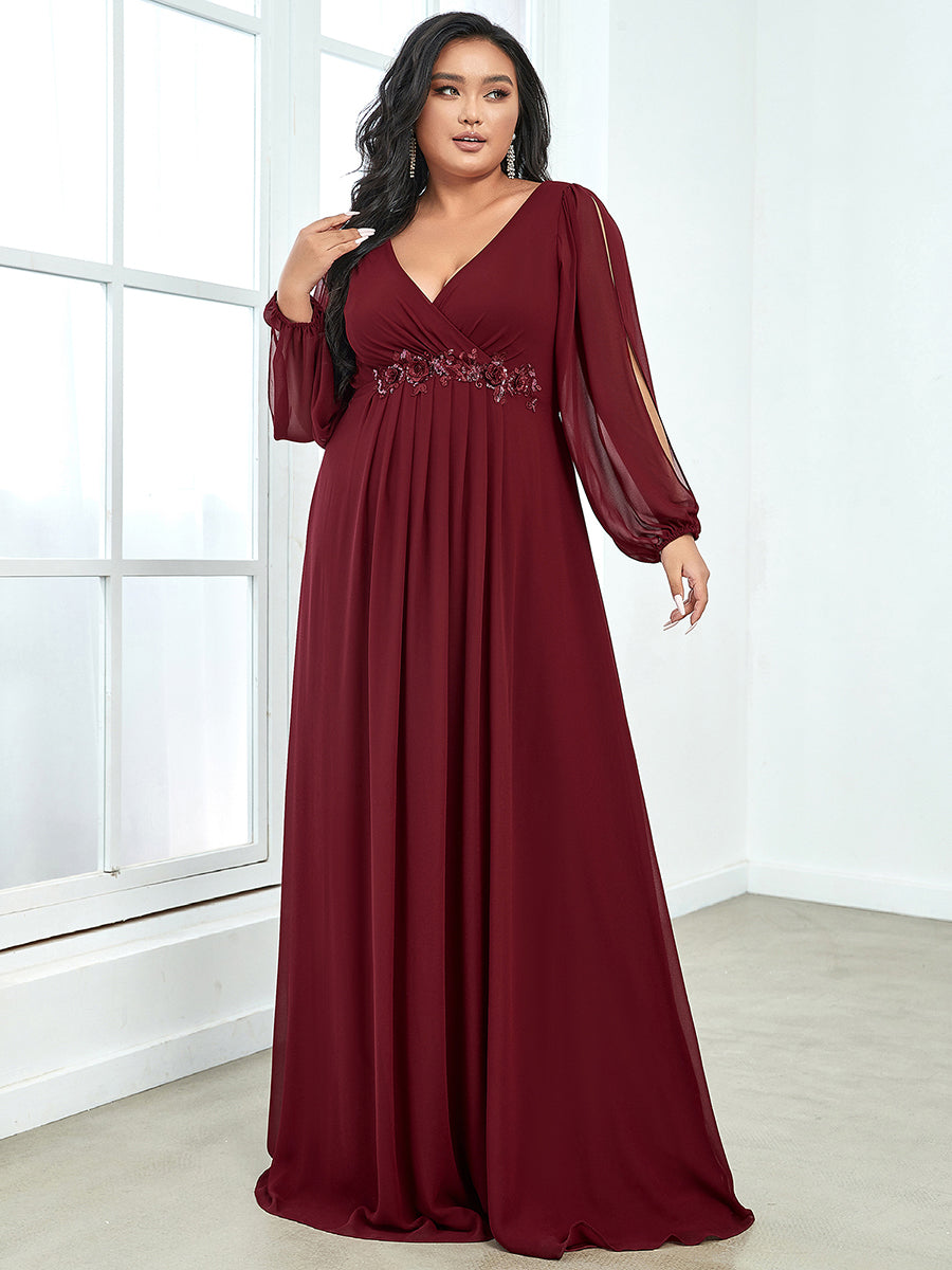 A-Linie Chiffon Lang mit Ärmel Brautmutterkleider #Farbe_Burgunderrot