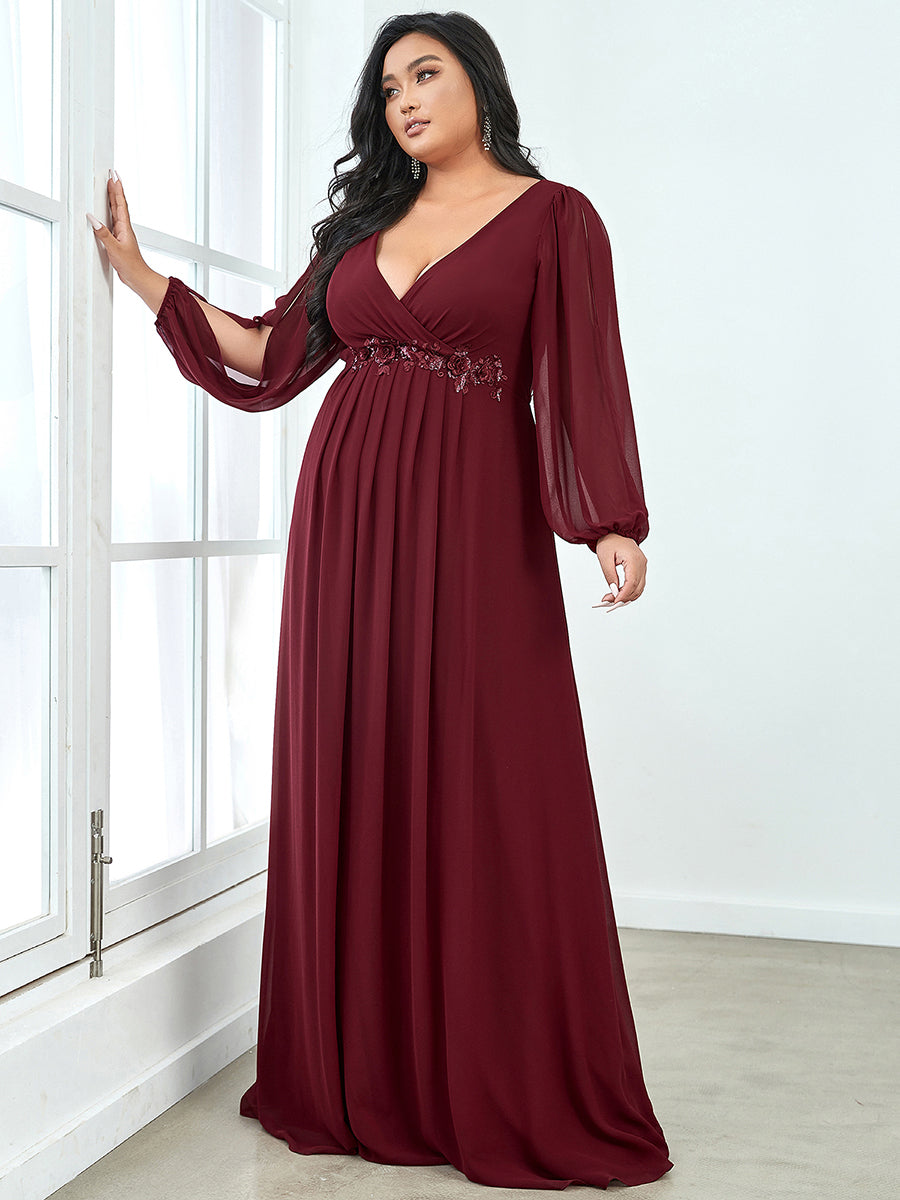 A-Linie Chiffon Lang mit Ärmel Brautmutterkleider #Farbe_Burgunderrot