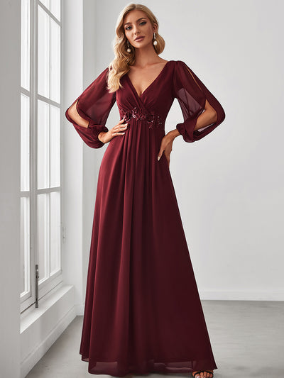 A-Linie Chiffon Lang mit Ärmel Brautmutterkleider #Farbe_Burgunderrot