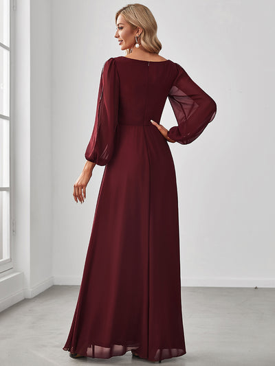 Brautmutterkleid mit V-Ausschnitt A-Linie und langen Ärmeln, bodenlang