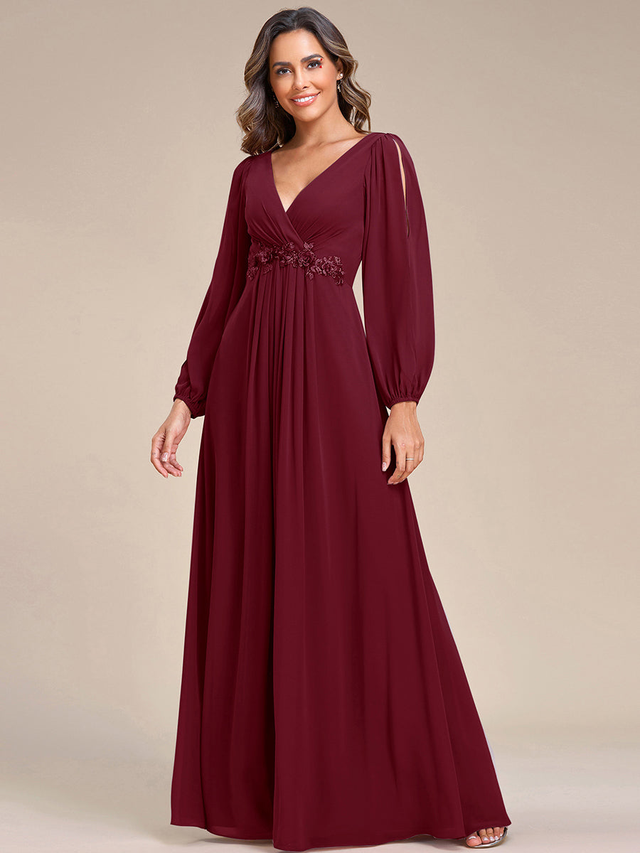 Brautmutterkleid mit V-Ausschnitt A-Linie und langen Ärmeln, bodenlang