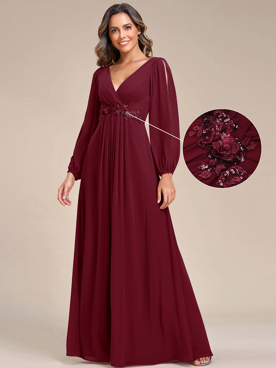 Brautmutterkleid mit V-Ausschnitt A-Linie und langen Ärmeln, bodenlang