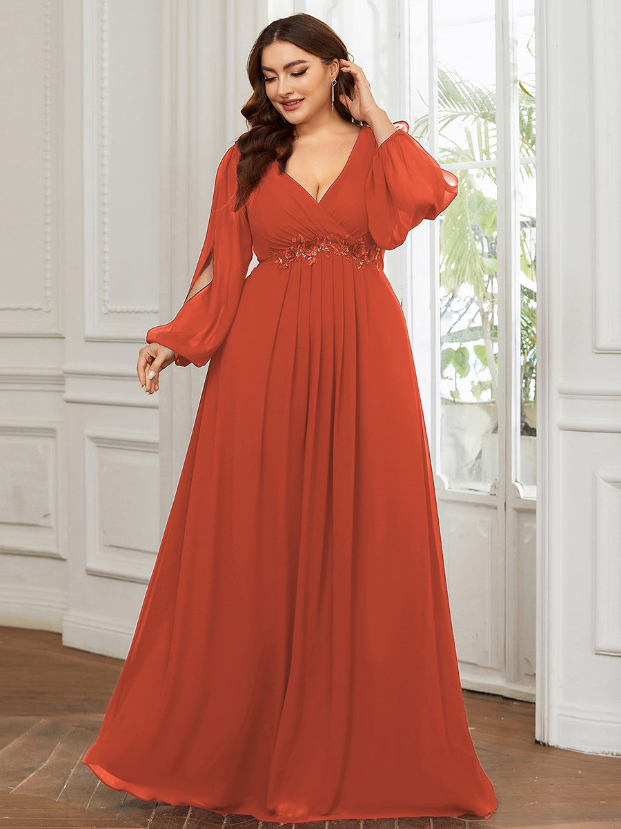 A-Linie Chiffon Lang mit Ärmel Brautmutterkleider #Farbe_Gebranntes Orange