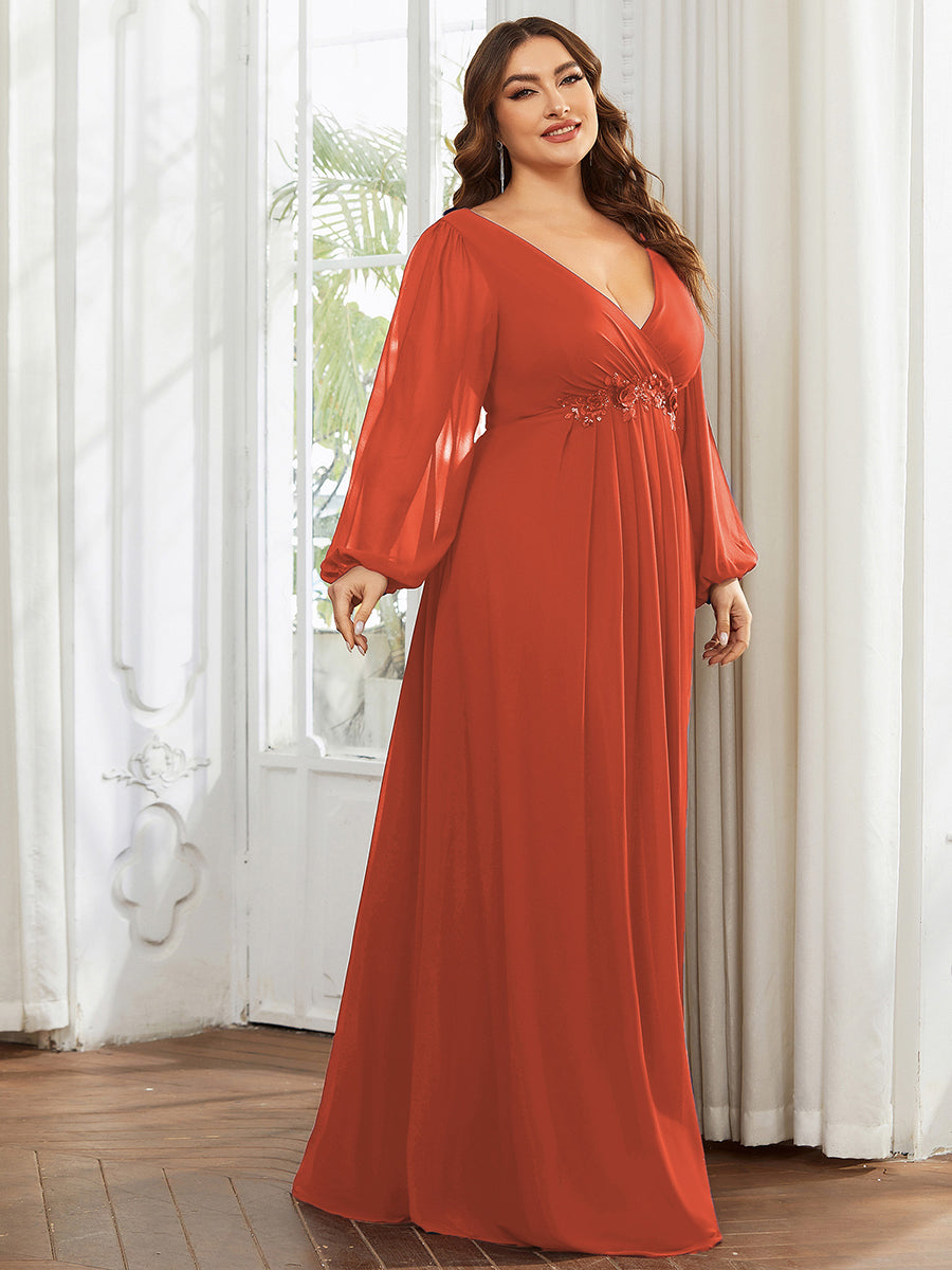 A-Linie Chiffon Lang mit Ärmel Brautmutterkleider #Farbe_Gebranntes Orange