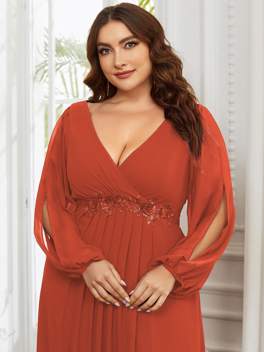 A-Linie Chiffon Lang mit Ärmel Brautmutterkleider #Farbe_Gebranntes Orange