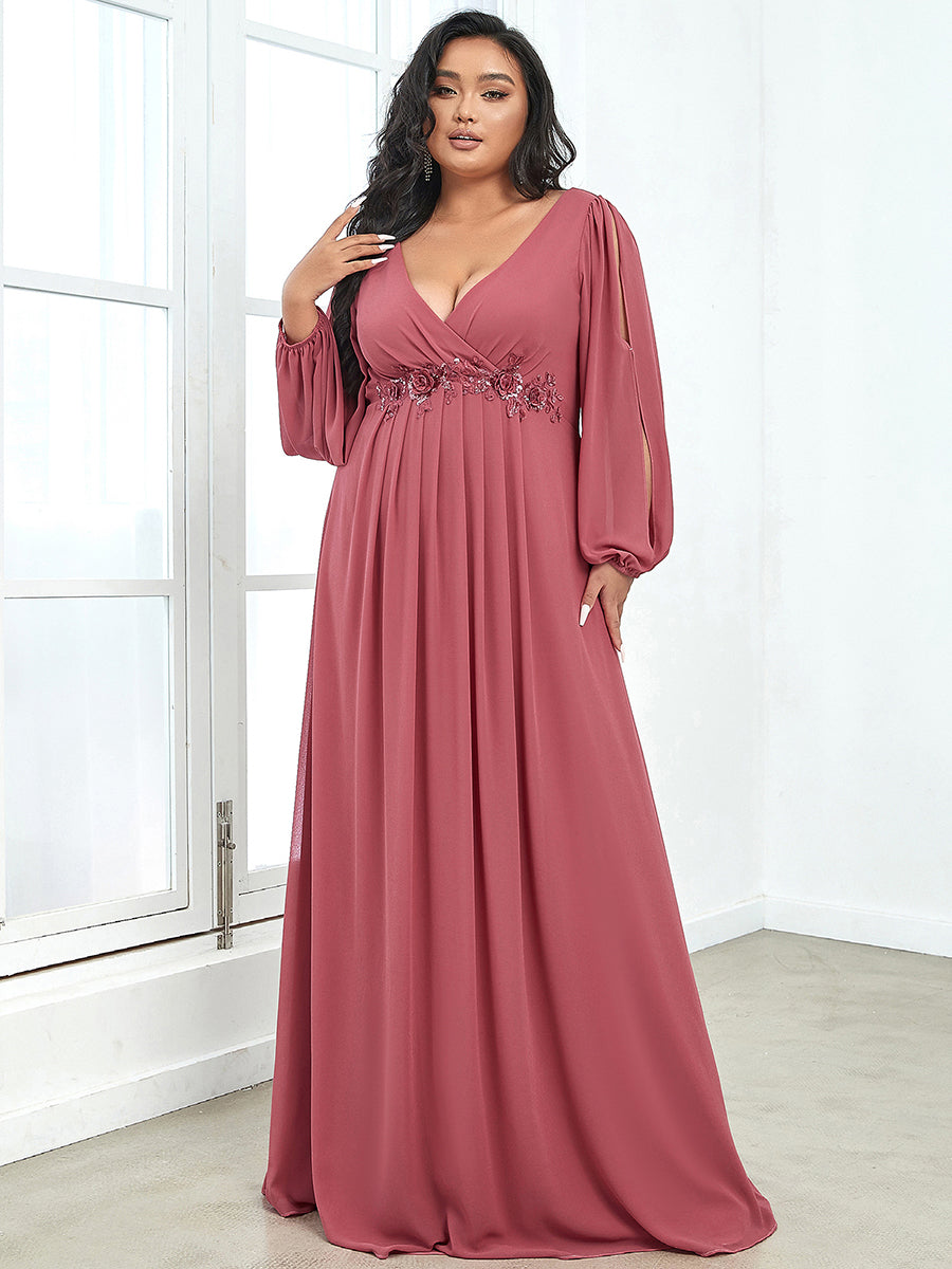 A-Linie Chiffon Lang mit Ärmel Brautmutterkleider #Farbe_Beige-Braun