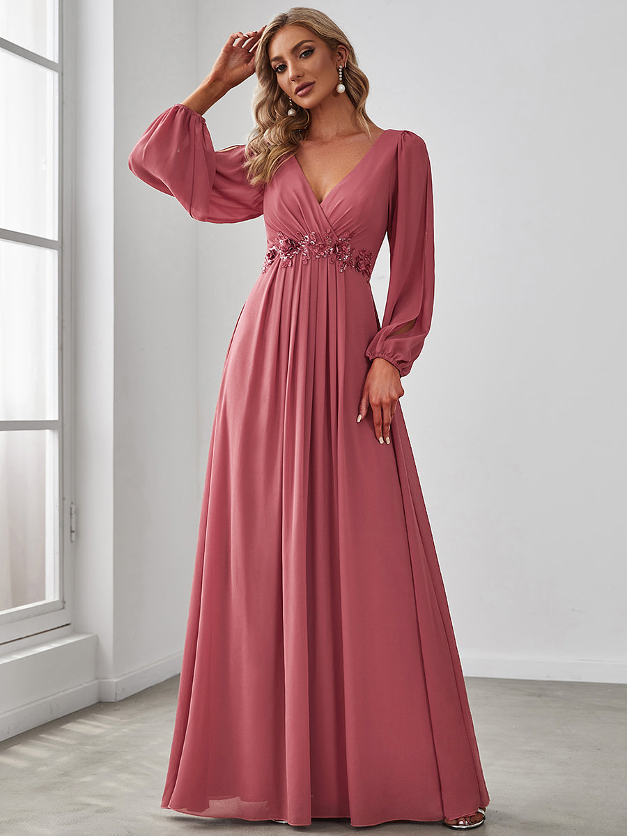A-Linie Chiffon Lang mit Ärmel Brautmutterkleider #Farbe_Beige-Braun