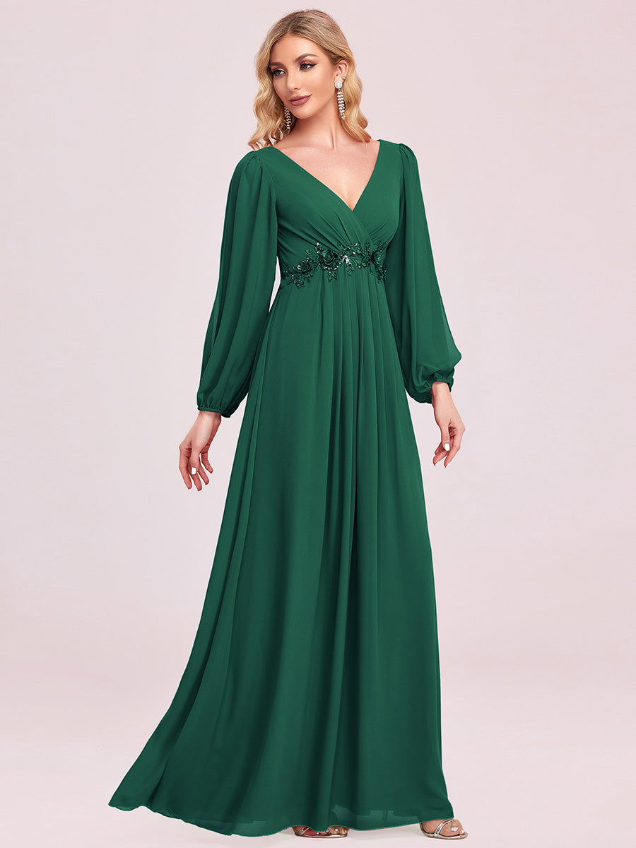 A-Linie Chiffon Lang mit Ärmel Brautmutterkleider #Farbe_Dunkelgrün