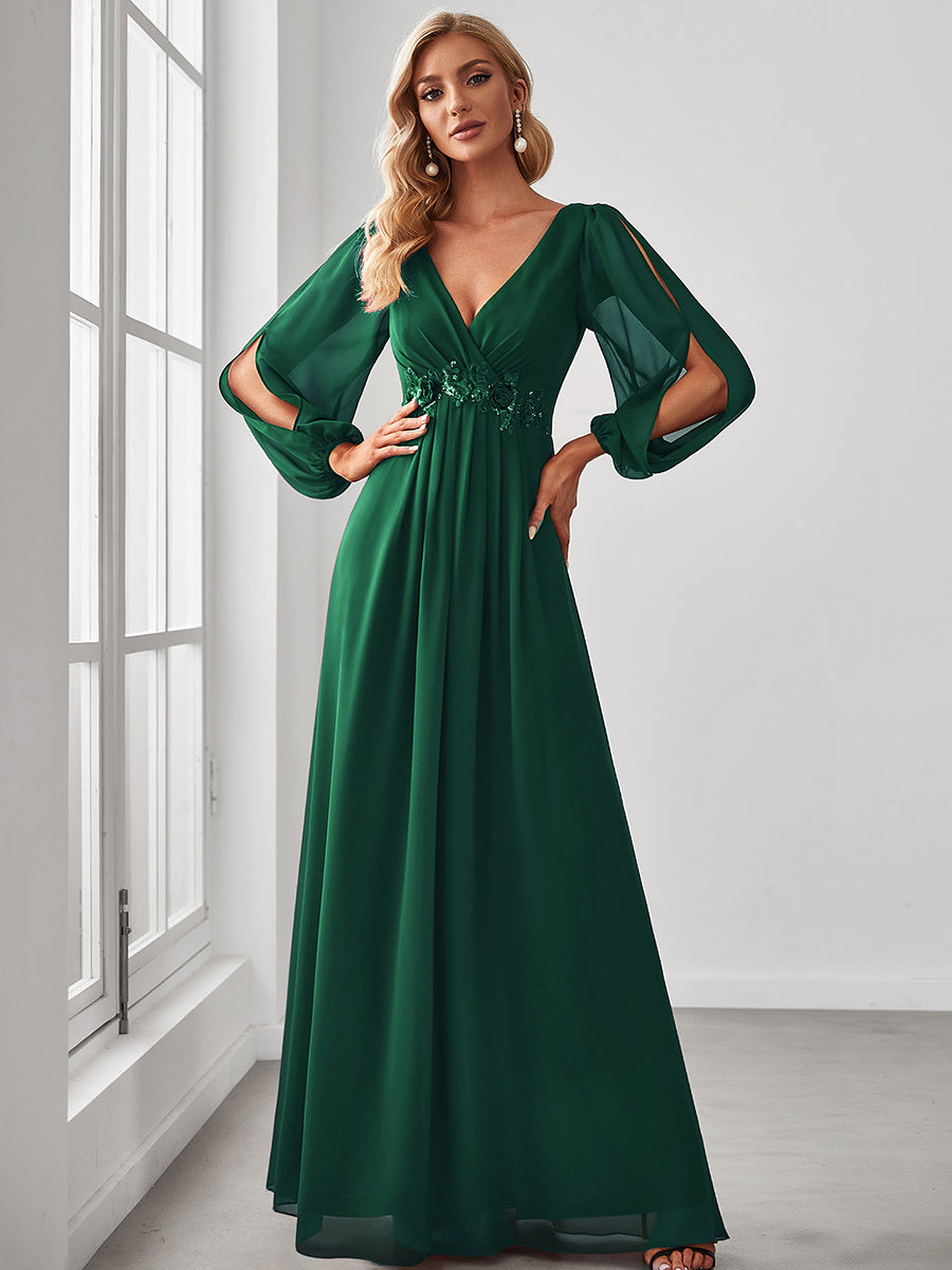 A-Linie Chiffon Lang mit Ärmel Brautmutterkleider #Farbe_Dunkelgrün