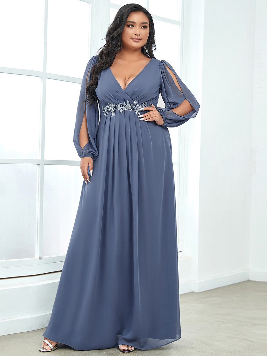 A-Linie Chiffon Lang mit Ärmel Brautmutterkleider #Farbe_Taubenblau