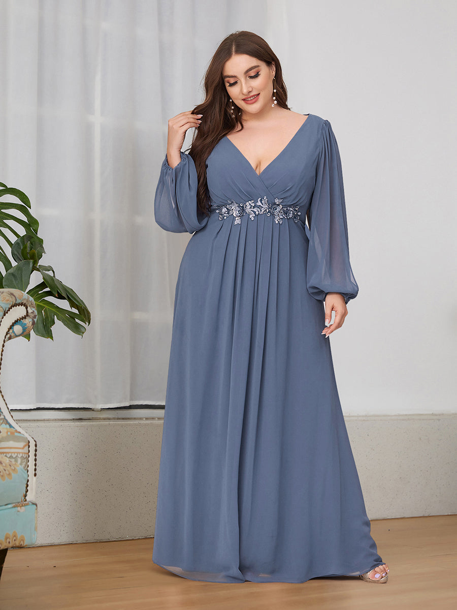 A-Linie Chiffon Lang mit Ärmel Brautmutterkleider #Farbe_Taubenblau
