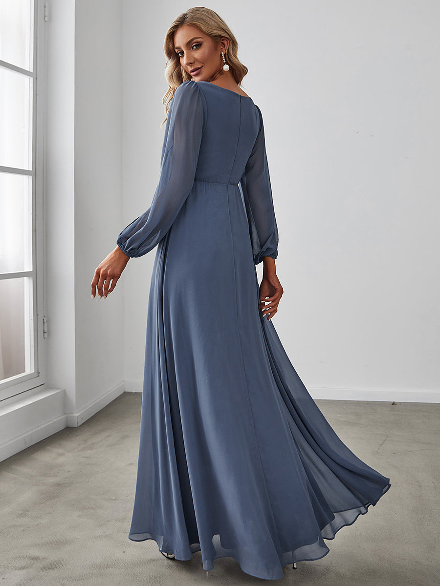 A-Linie Chiffon Lang mit Ärmel Brautmutterkleider #Farbe_Taubenblau