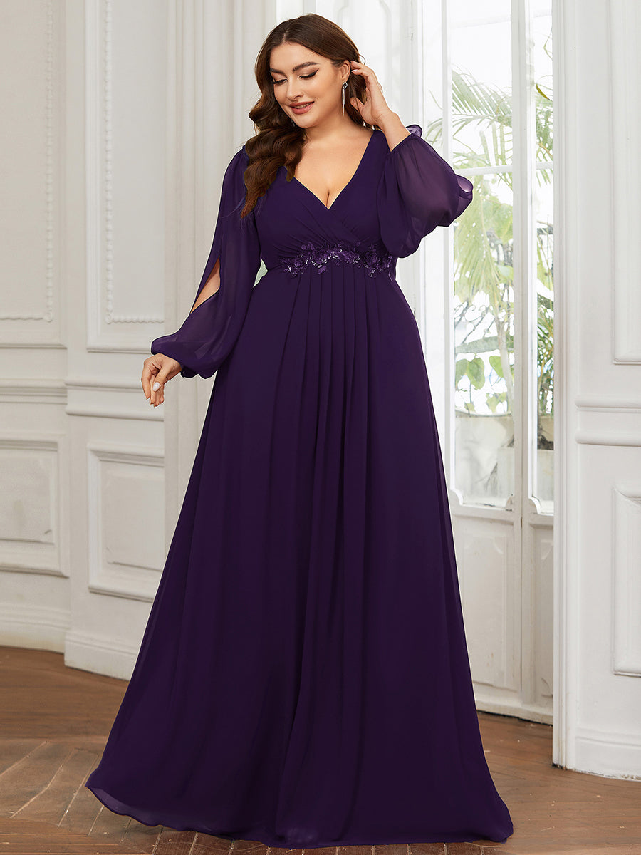 A-Linie Chiffon Lang mit Ärmel Brautmutterkleider #Farbe_Dunkelviolett