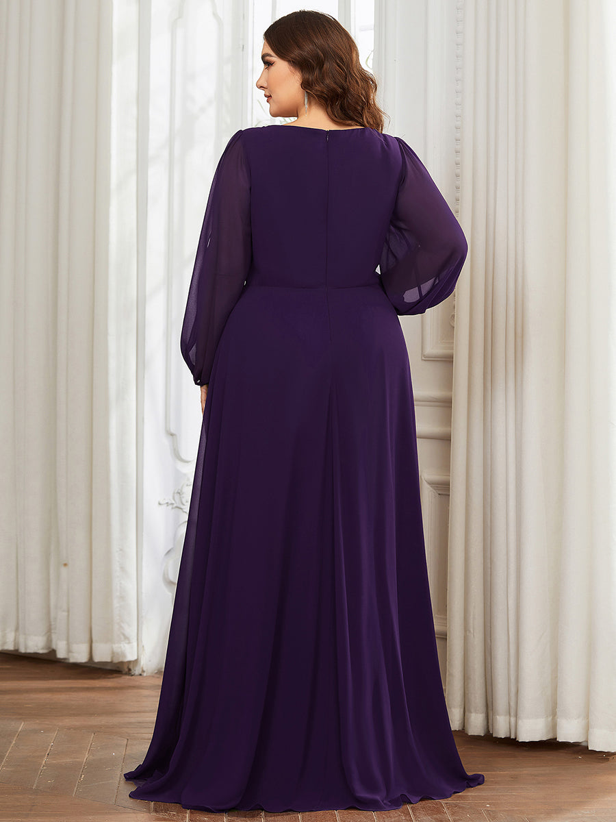 A-Linie Chiffon Lang mit Ärmel Brautmutterkleider #Farbe_Dunkelviolett