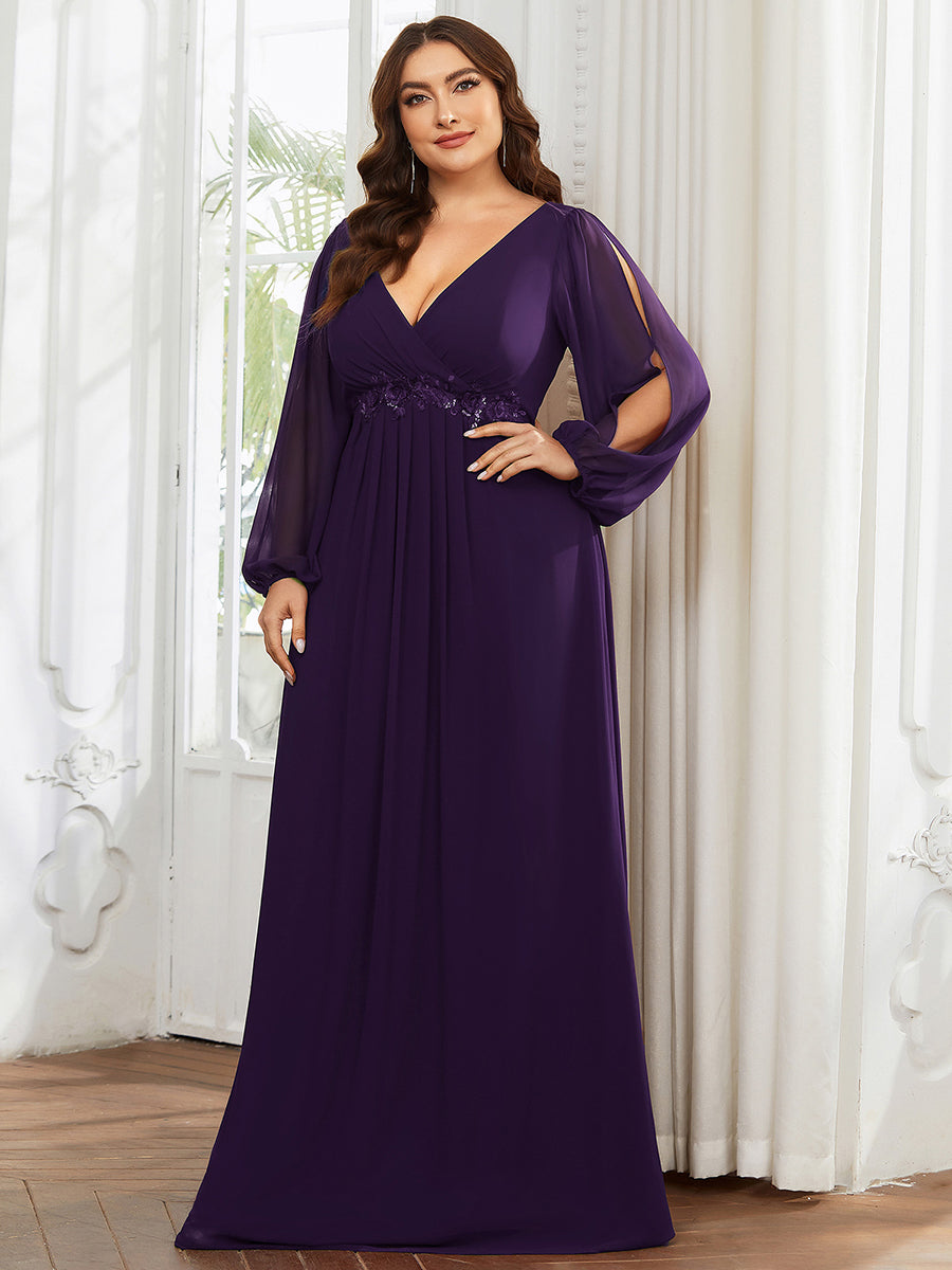 A-Linie Chiffon Lang mit Ärmel Brautmutterkleider #Farbe_Dunkelviolett