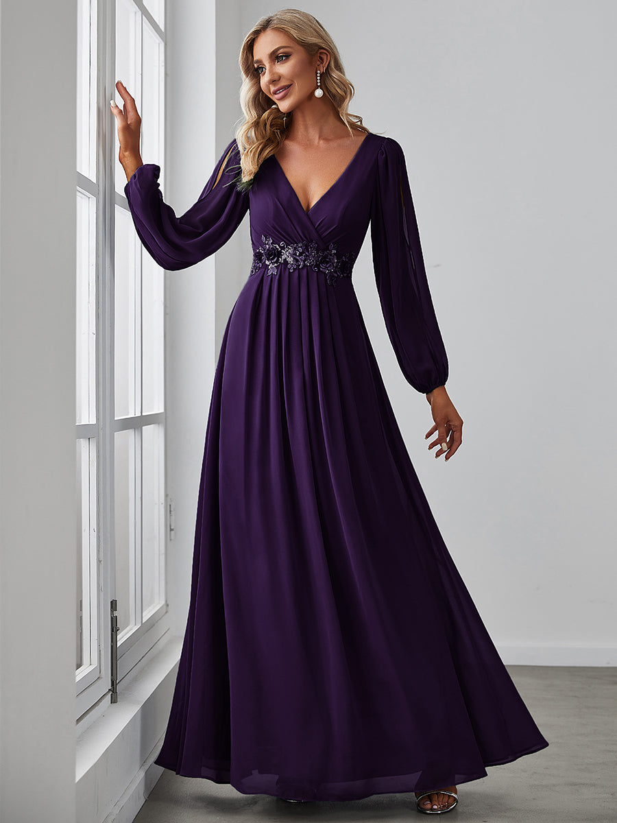 A-Linie Chiffon Lang mit Ärmel Brautmutterkleider #Farbe_Dunkelviolett