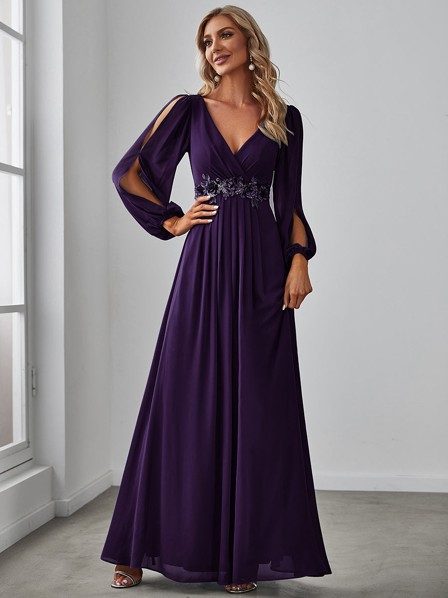 A-Linie Chiffon Lang mit Ärmel Brautmutterkleider #Farbe_Dunkelviolett