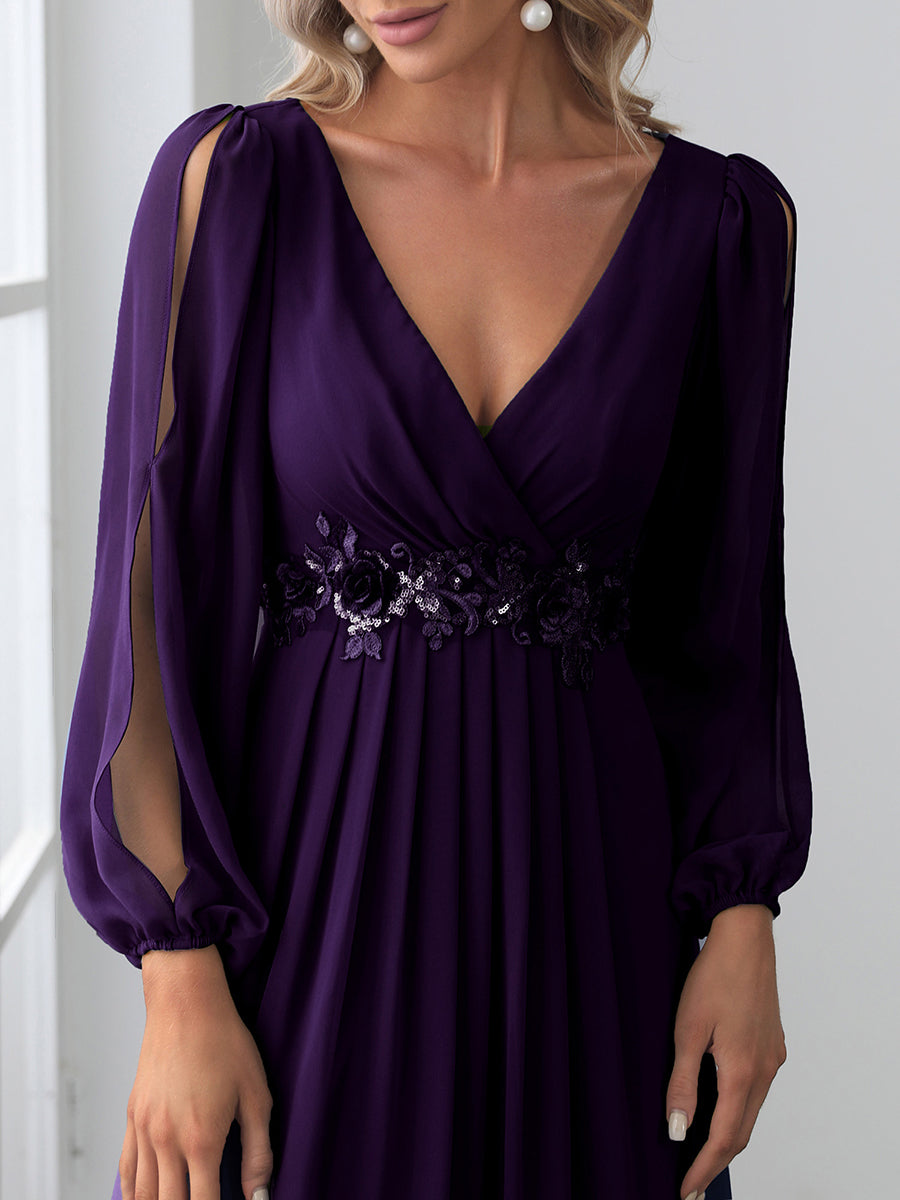 A-Linie Chiffon Lang mit Ärmel Brautmutterkleider #Farbe_Dunkelviolett