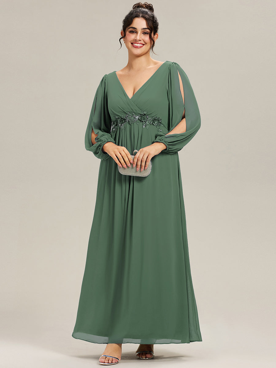 A-Linie Chiffon Lang mit Ärmel Brautmutterkleider #Farbe_Eukalyptus