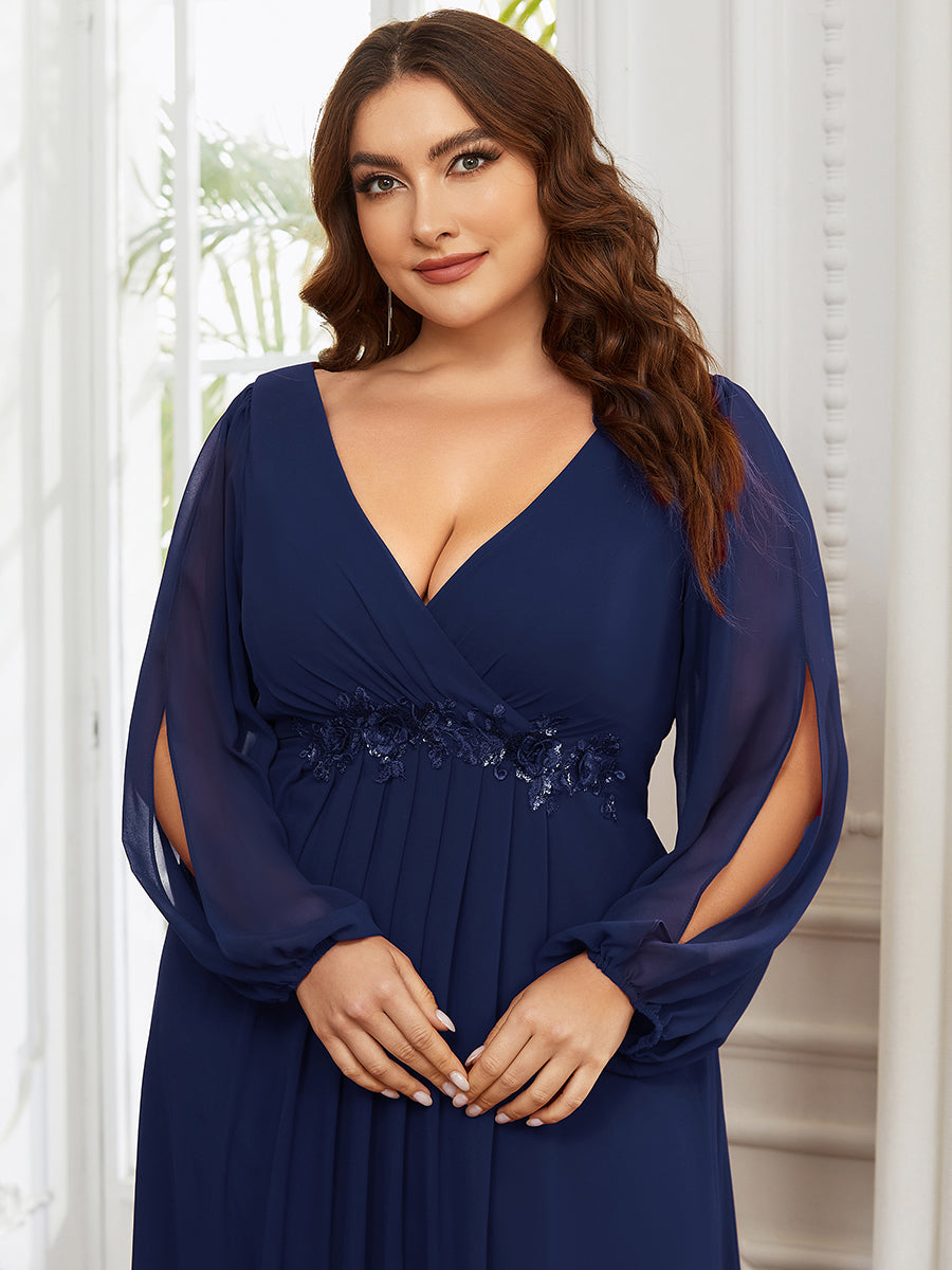 A-Linie Chiffon Lang mit Ärmel Brautmutterkleider #Farbe_Marineblau